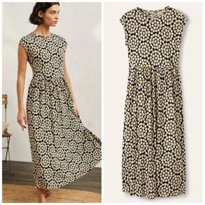 Boden Black and Yellow Daisy Print Cap-Sleeve Maxi Dress